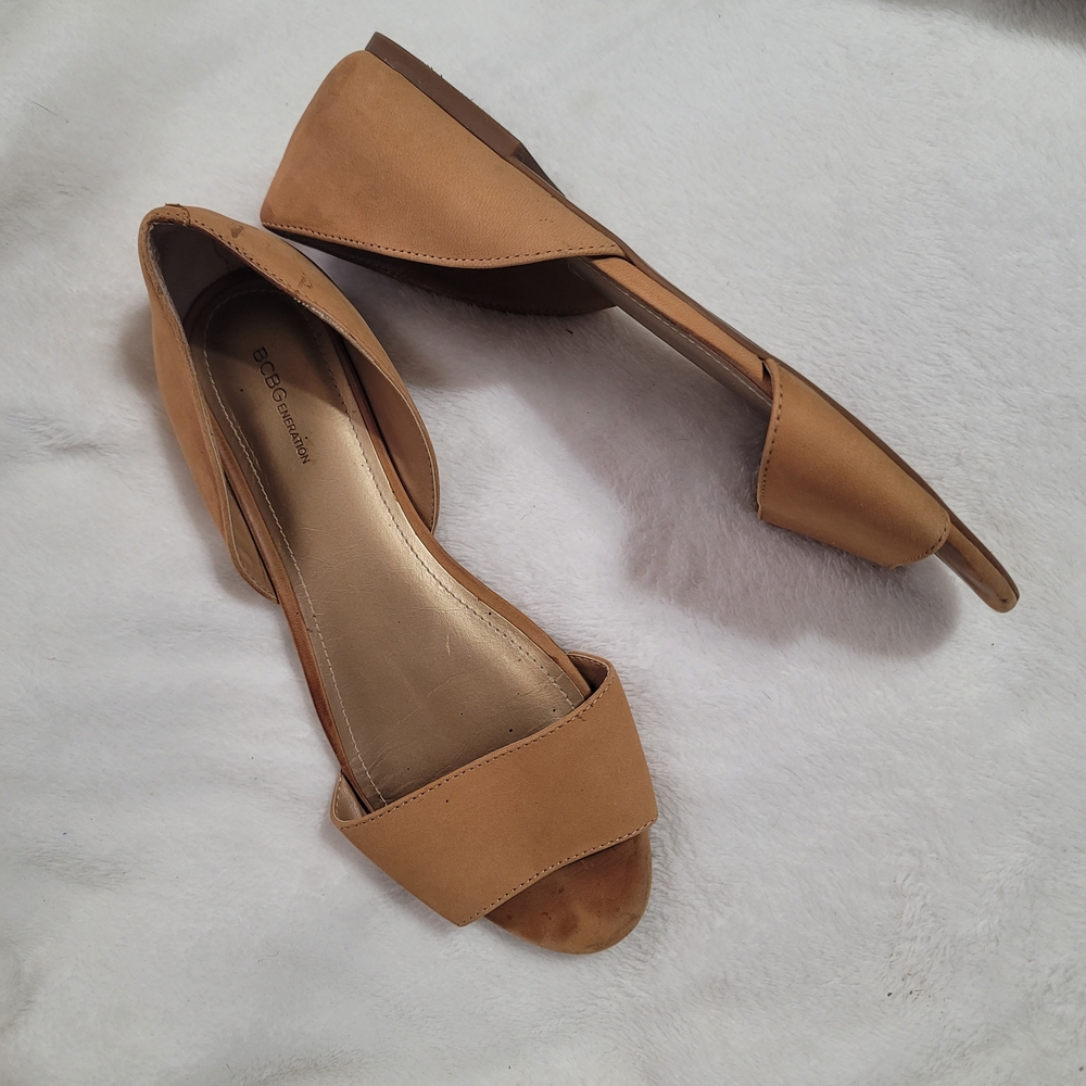 BCBGeneration Tan Open-Toe D'Orsay Flats